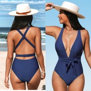 NWT Women's Deep V Neck Crisscross Back Self Tie One-piece Swimsuit SIZE MEDIUN